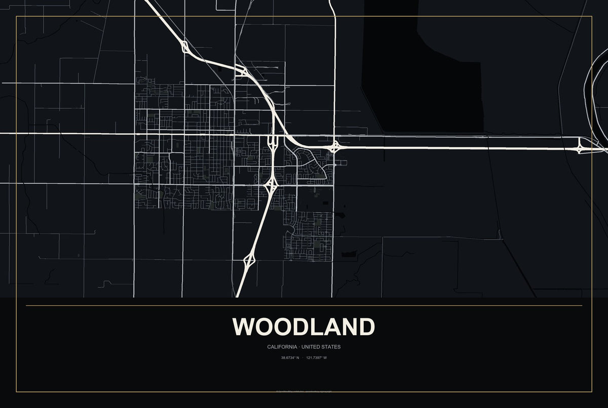 Woodland, California City Map Aluminum Sign in Metropolitan Noir style