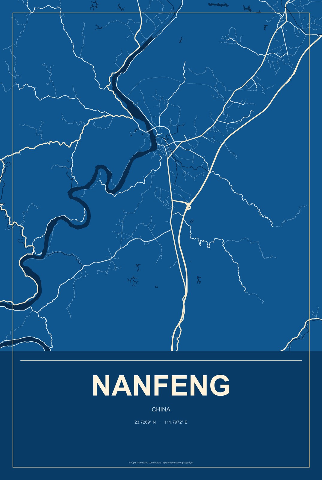 Nanfeng, Guangdong, China City Map Aluminum Sign in Harbor Cobalt style