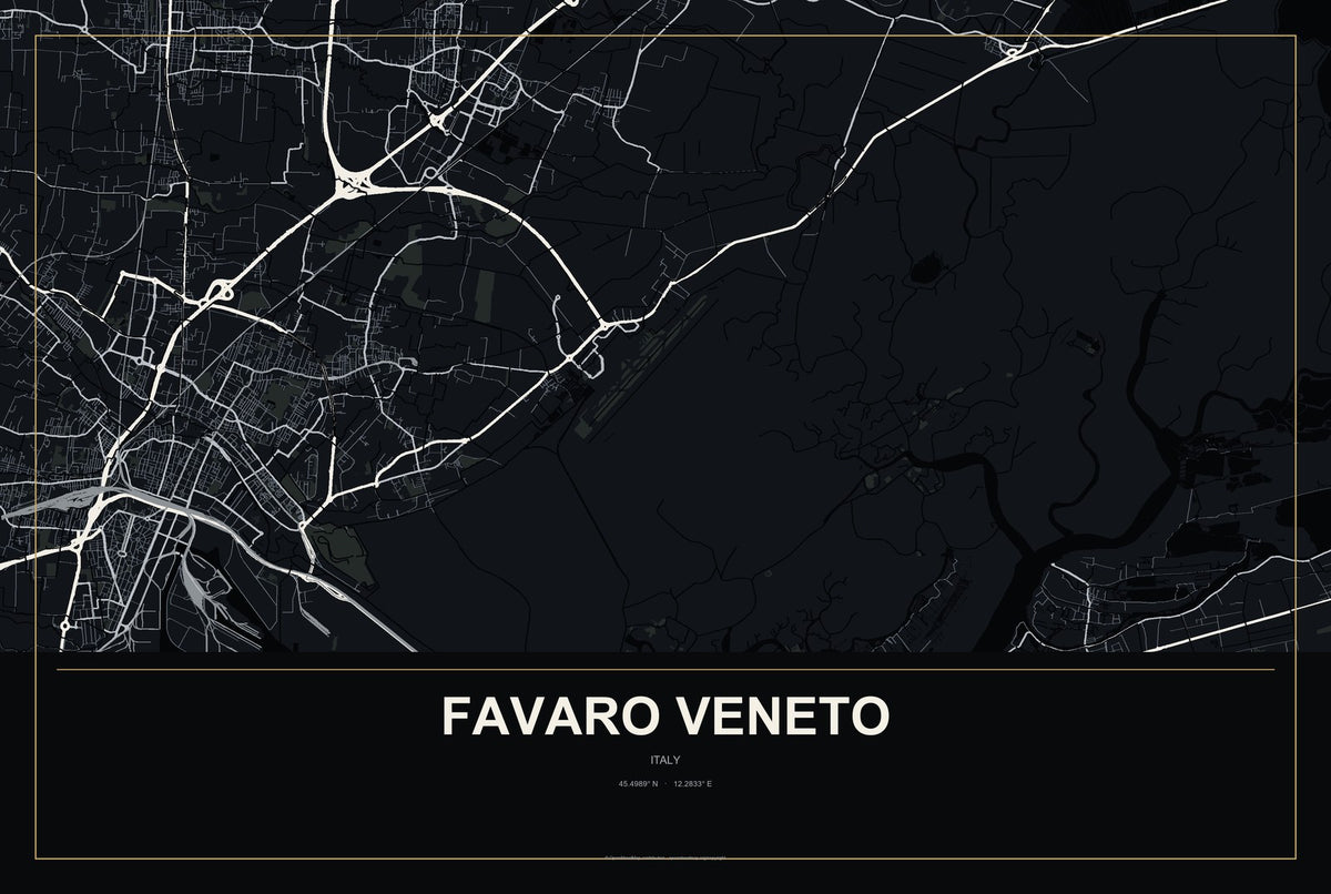 Favaro Veneto, Italy City Map Aluminum Sign in Metropolitan Noir style