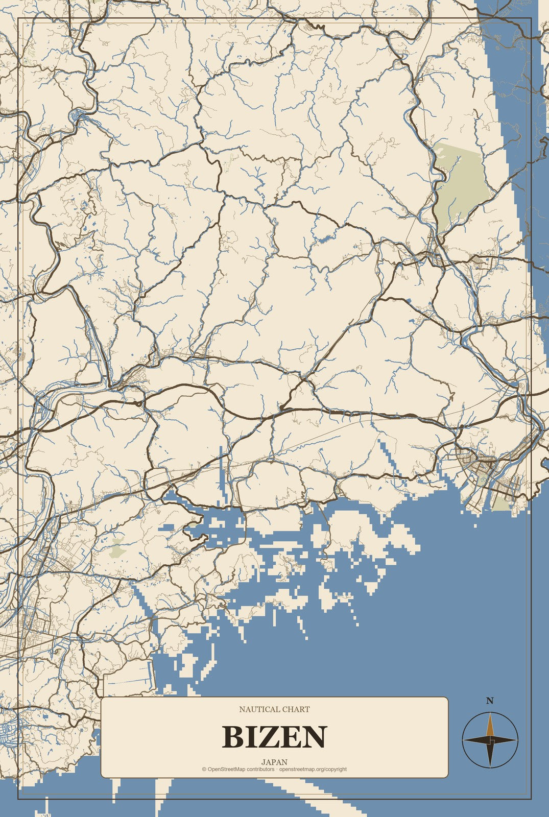 Bizen, Japan City Map Aluminum Sign in Heritage Nautical style