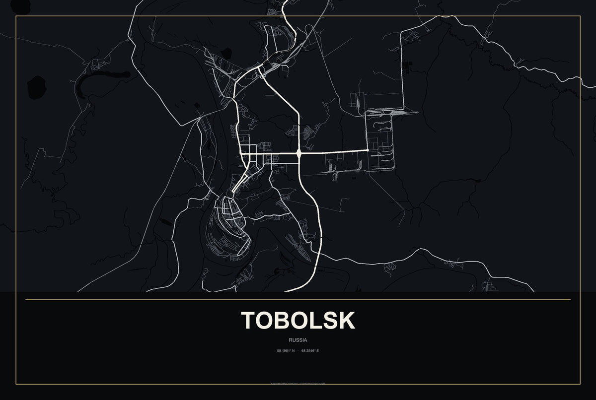 Tobolsk, Russia City Map Aluminum Sign in Metropolitan Noir style