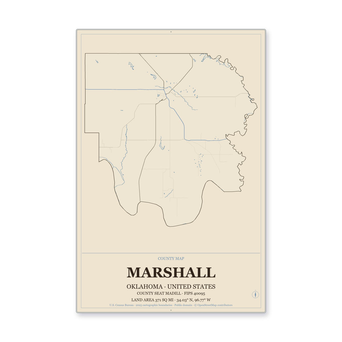 Marshall County, Oklahoma Map Aluminum Sign in Heritage Nautical style