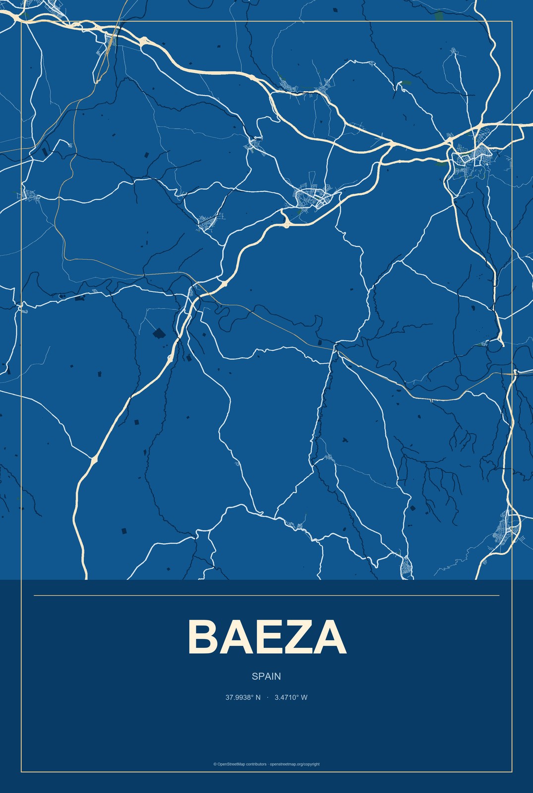 Baeza, Spain City Map Aluminum Sign in Harbor Cobalt style