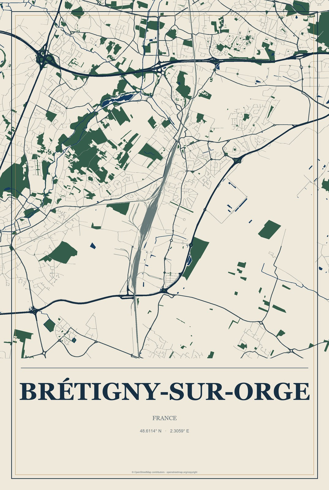 Brétigny-sur-Orge, France City Map Aluminum Sign in Coastal Cutout style