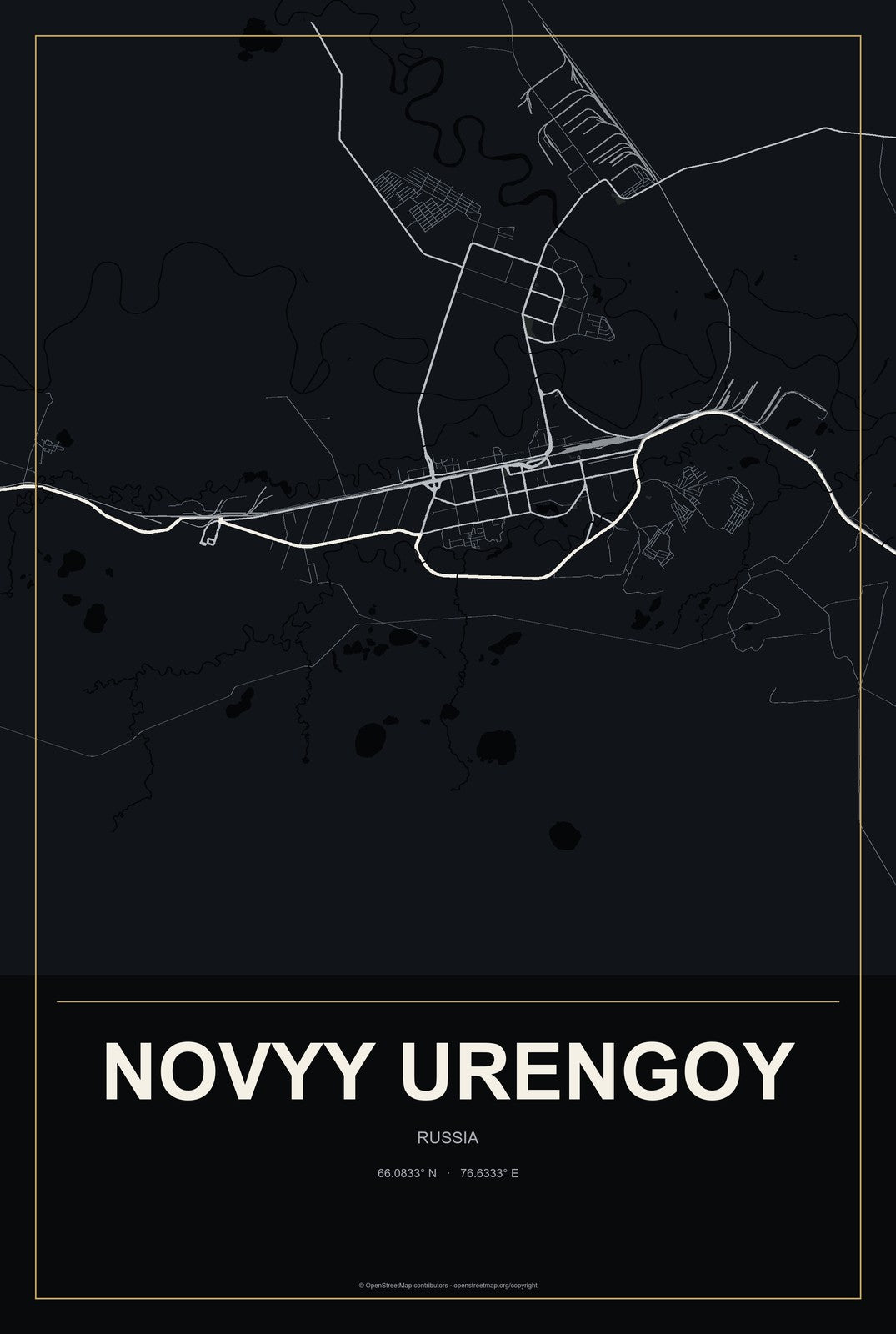 Novyy Urengoy, Russia City Map Aluminum Sign in Metropolitan Noir style