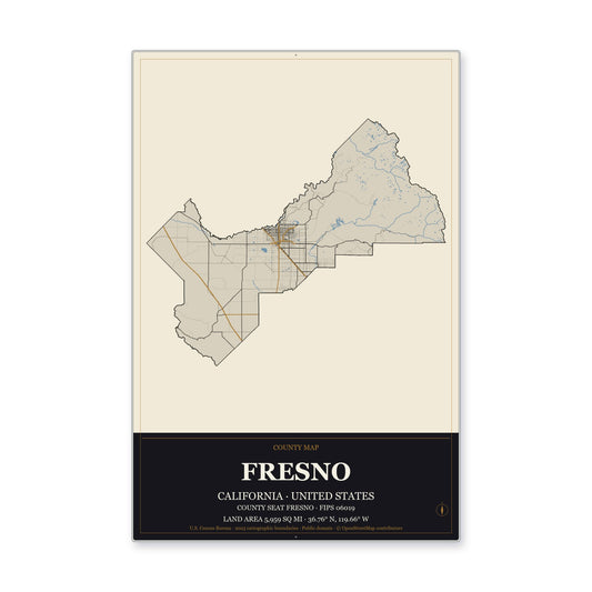 Fresno County, California Map Aluminum Sign in Museum Plaque style