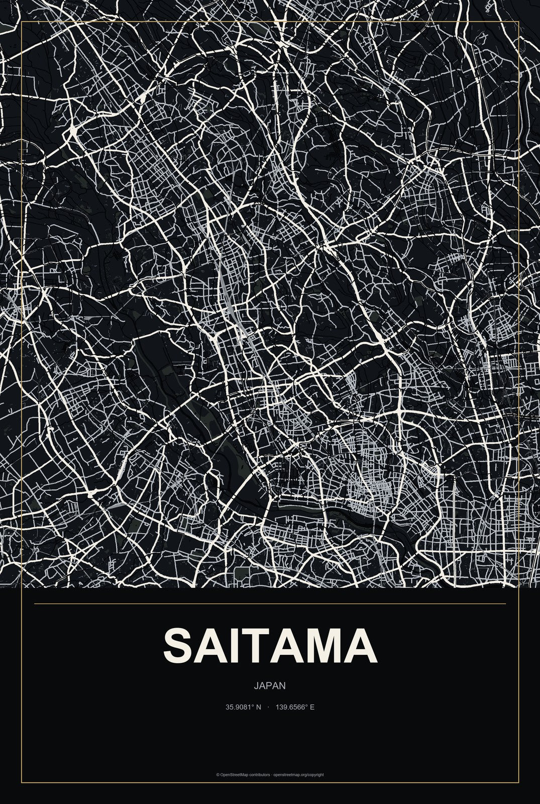 Saitama, Japan City Map Aluminum Sign in Metropolitan Noir style