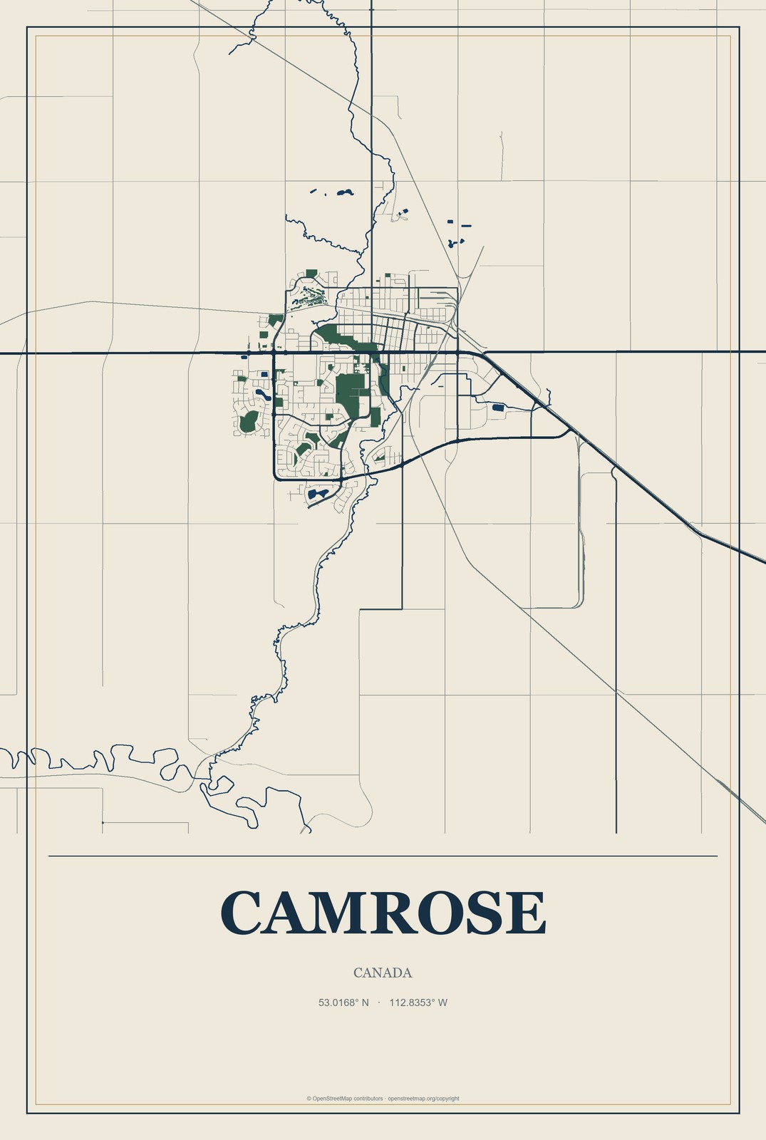 Camrose, Canada City Map Aluminum Sign in Coastal Cutout style