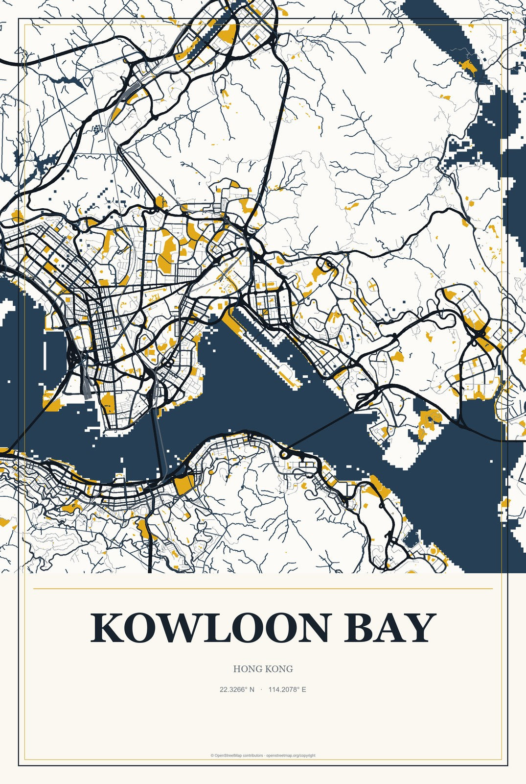 Kowloon Bay, Hong Kong City Map Aluminum Sign in Citrine Modern style