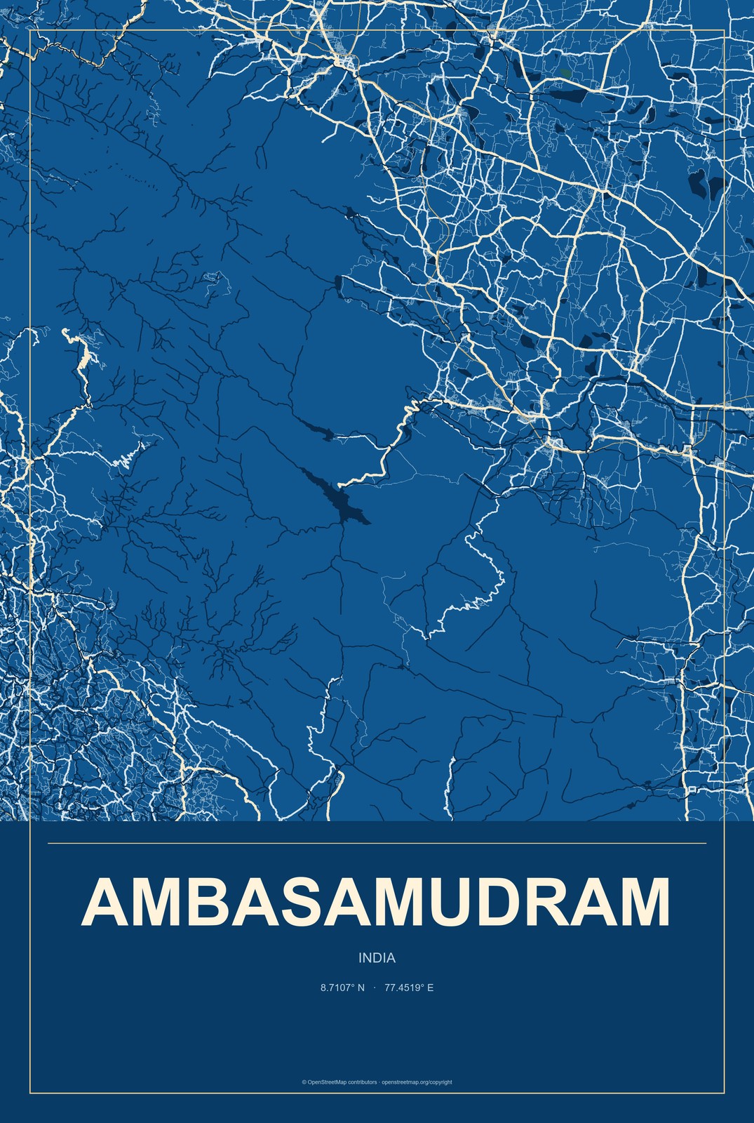 Ambasamudram, India City Map Aluminum Sign in Harbor Cobalt style