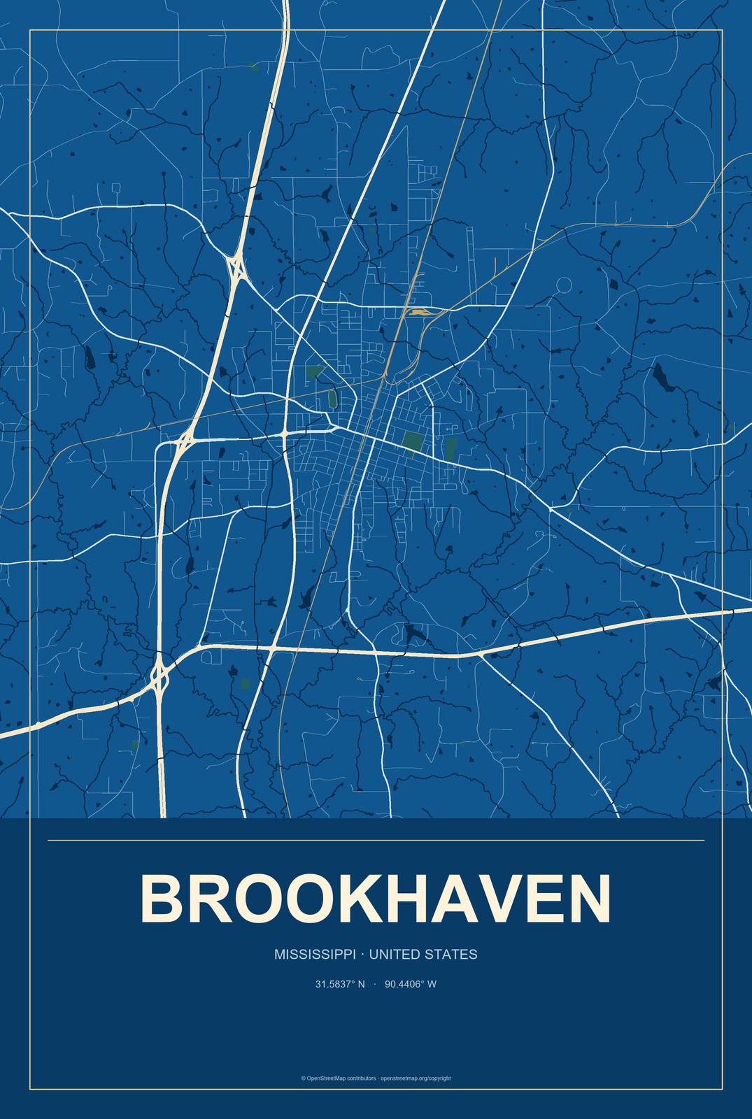 Brookhaven, Mississippi City Map Aluminum Sign in Harbor Cobalt style