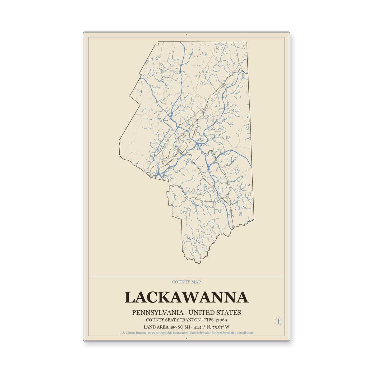 Lackawanna County, Pennsylvania Map Aluminum Sign in Heritage Nautical style
