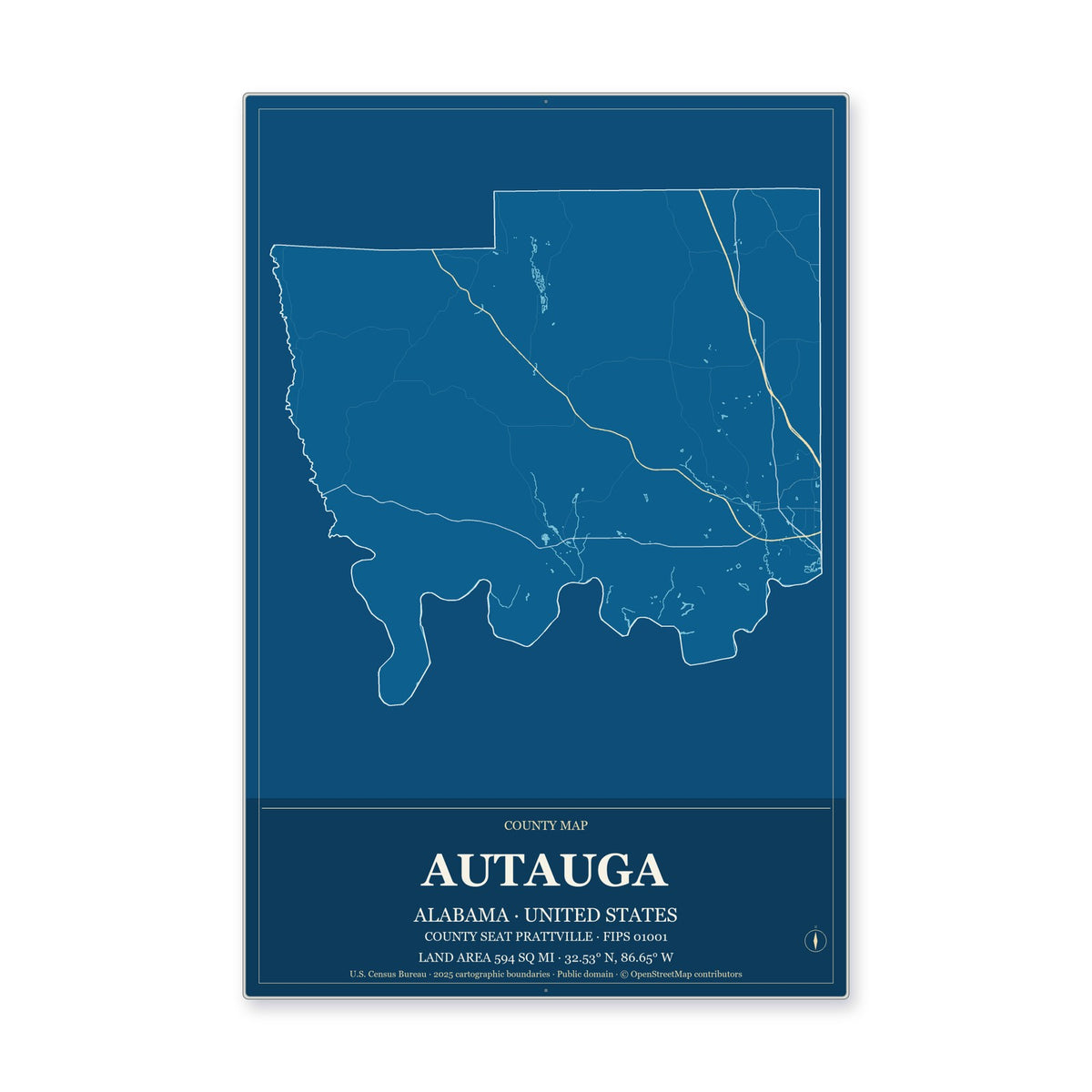 Autauga County, Alabama Map Aluminum Sign in Harbor Cobalt style