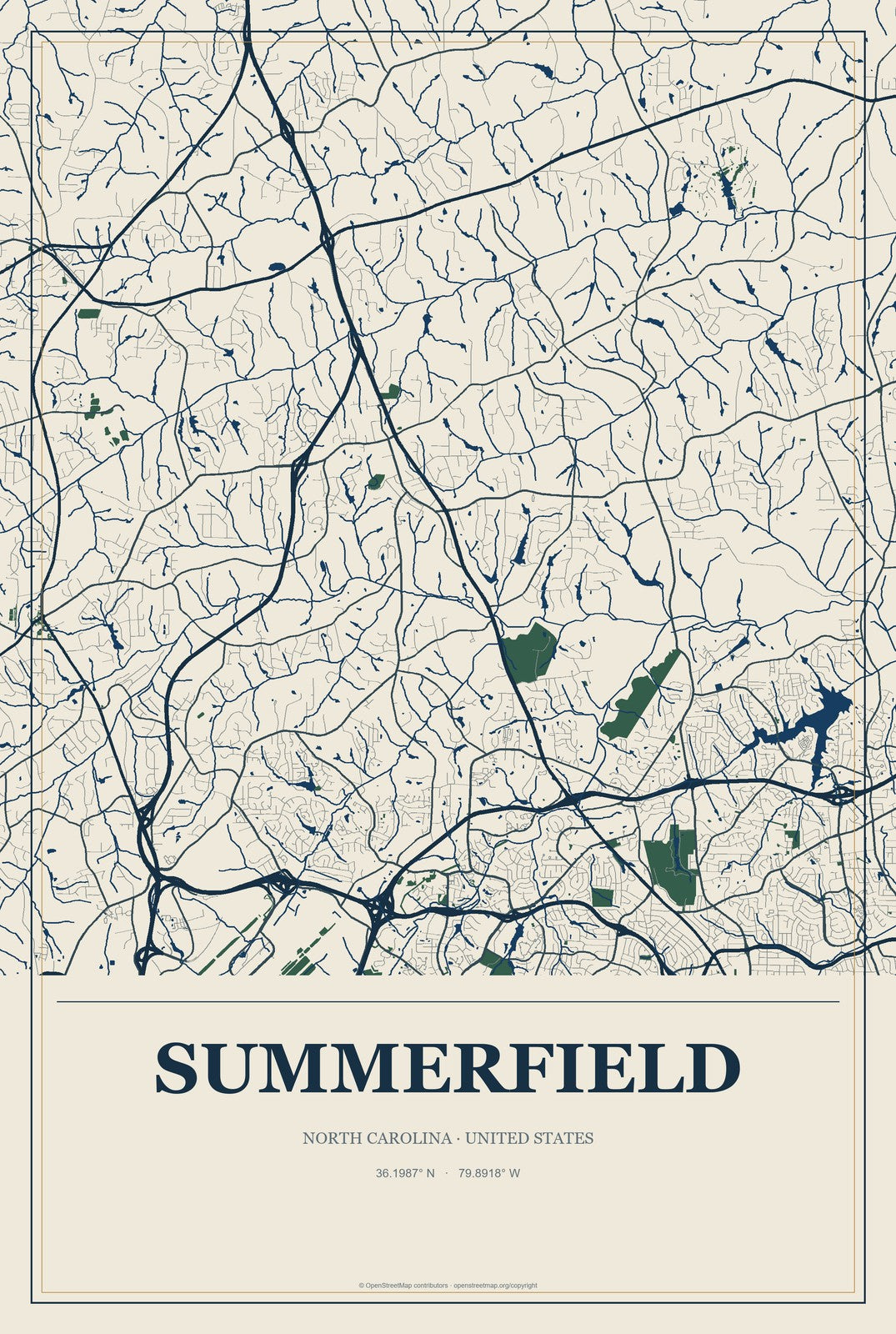 Summerfield, North Carolina City Map Aluminum Sign in Coastal Cutout style