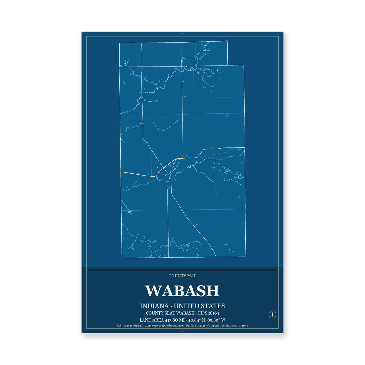Wabash County, Indiana Map Aluminum Sign in Harbor Cobalt style