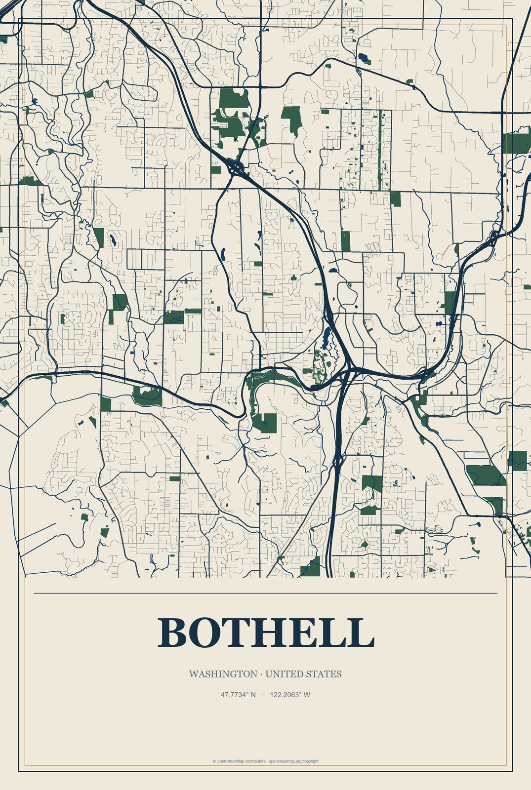 Bothell, Washington City Map Aluminum Sign in Coastal Cutout style