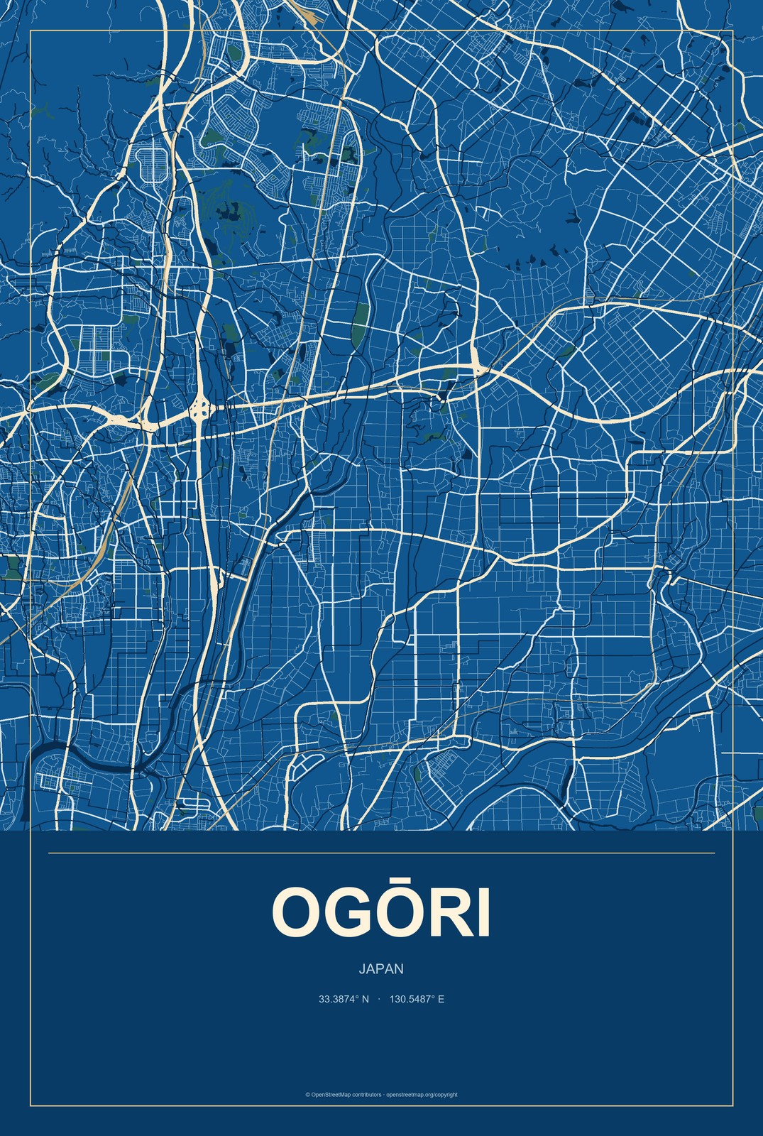 Ogōri, Japan City Map Aluminum Sign in Harbor Cobalt style