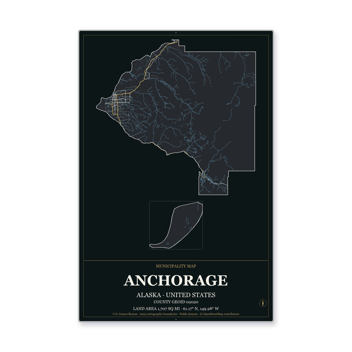 Anchorage Municipality, Alaska Map Aluminum Sign in Metropolitan Noir style