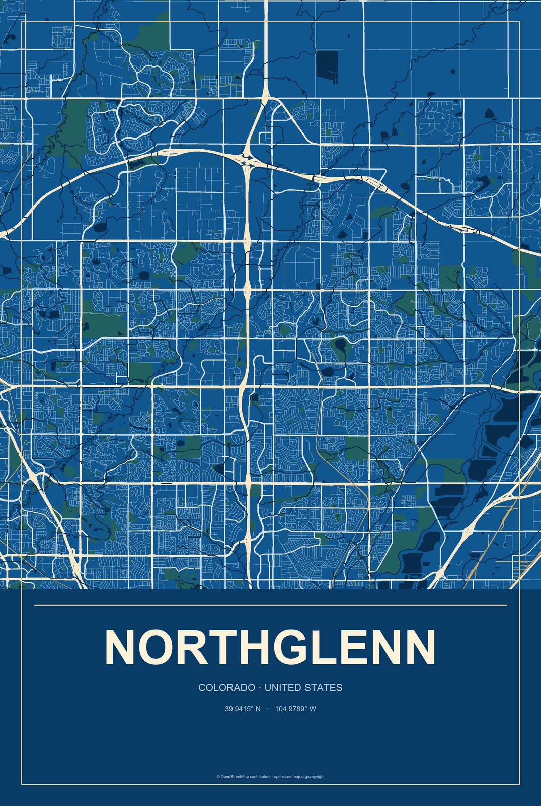 Northglenn, Colorado City Map Aluminum Sign in Harbor Cobalt style