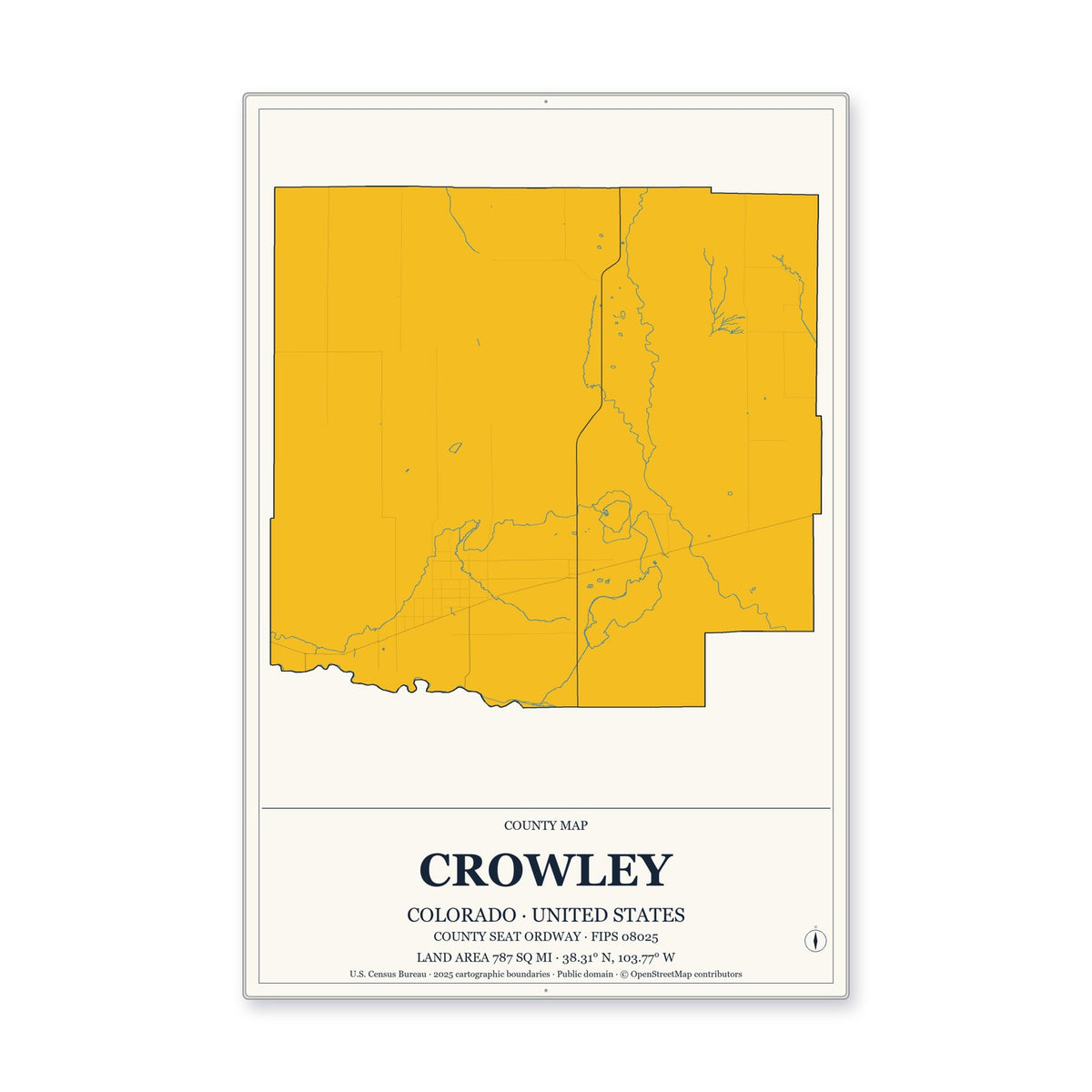 Crowley County, Colorado Map Aluminum Sign in Citrine Modern style