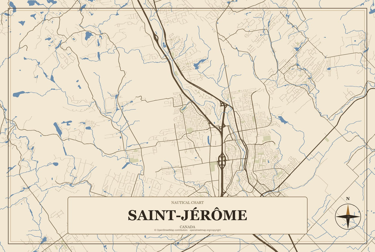 Saint-Jérôme, Canada City Map Aluminum Sign in Heritage Nautical style