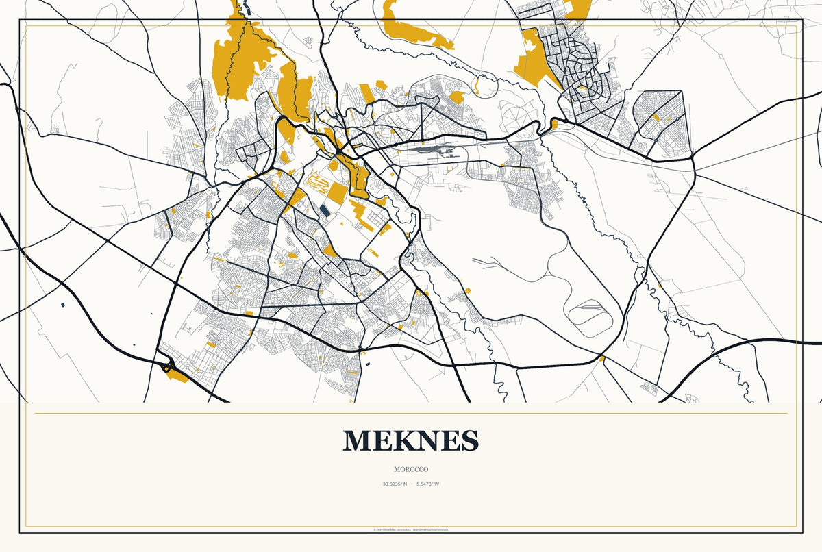 Meknes, Morocco City Map Aluminum Sign in Citrine Modern style