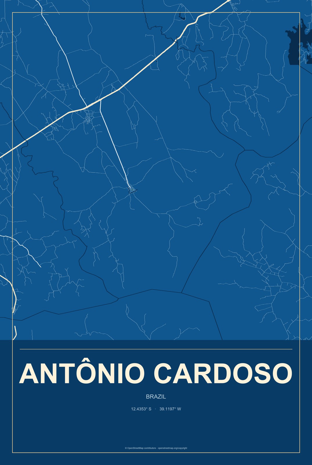 Antônio Cardoso, Brazil City Map Aluminum Sign in Harbor Cobalt style