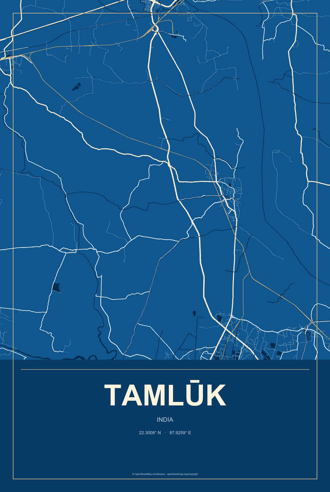 Tamlūk, India City Map Aluminum Sign in Harbor Cobalt style