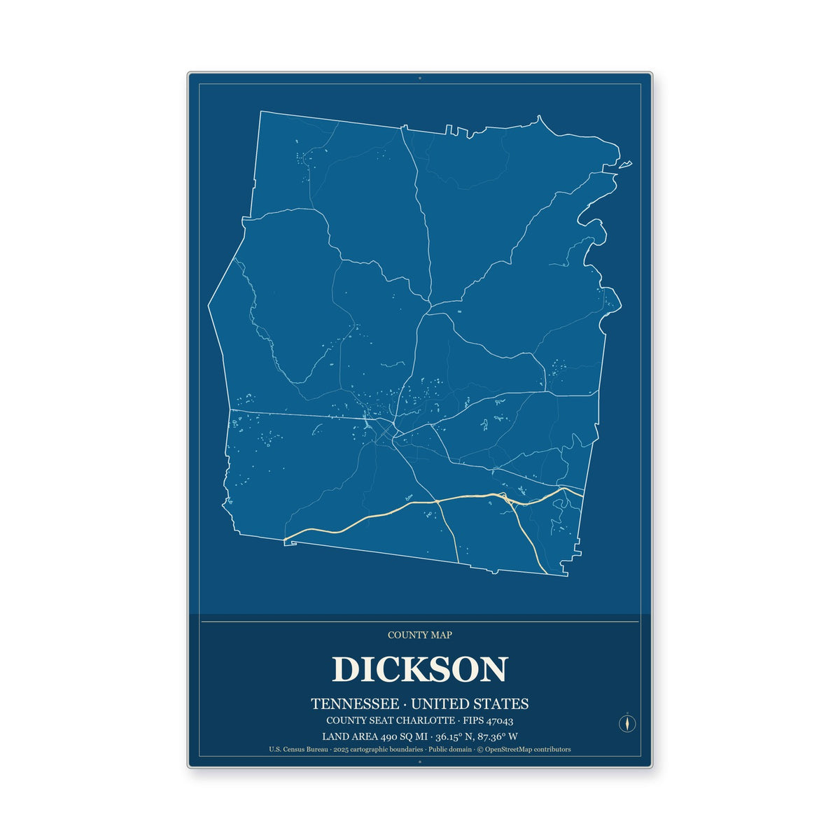 Dickson County, Tennessee Map Aluminum Sign in Harbor Cobalt style