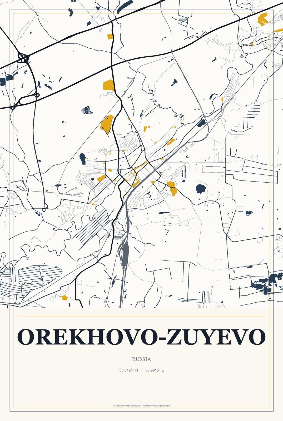 Orekhovo-Zuyevo, Russia City Map Aluminum Sign in Citrine Modern style