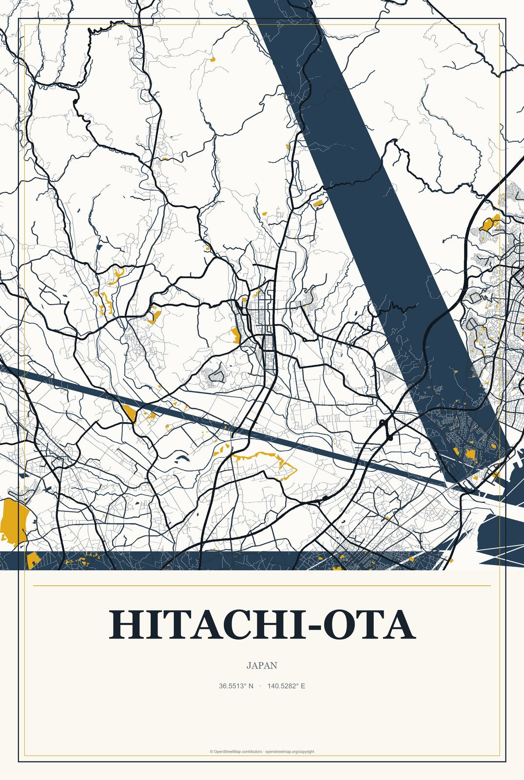 Hitachi-ota, Japan City Map Aluminum Sign in Citrine Modern style