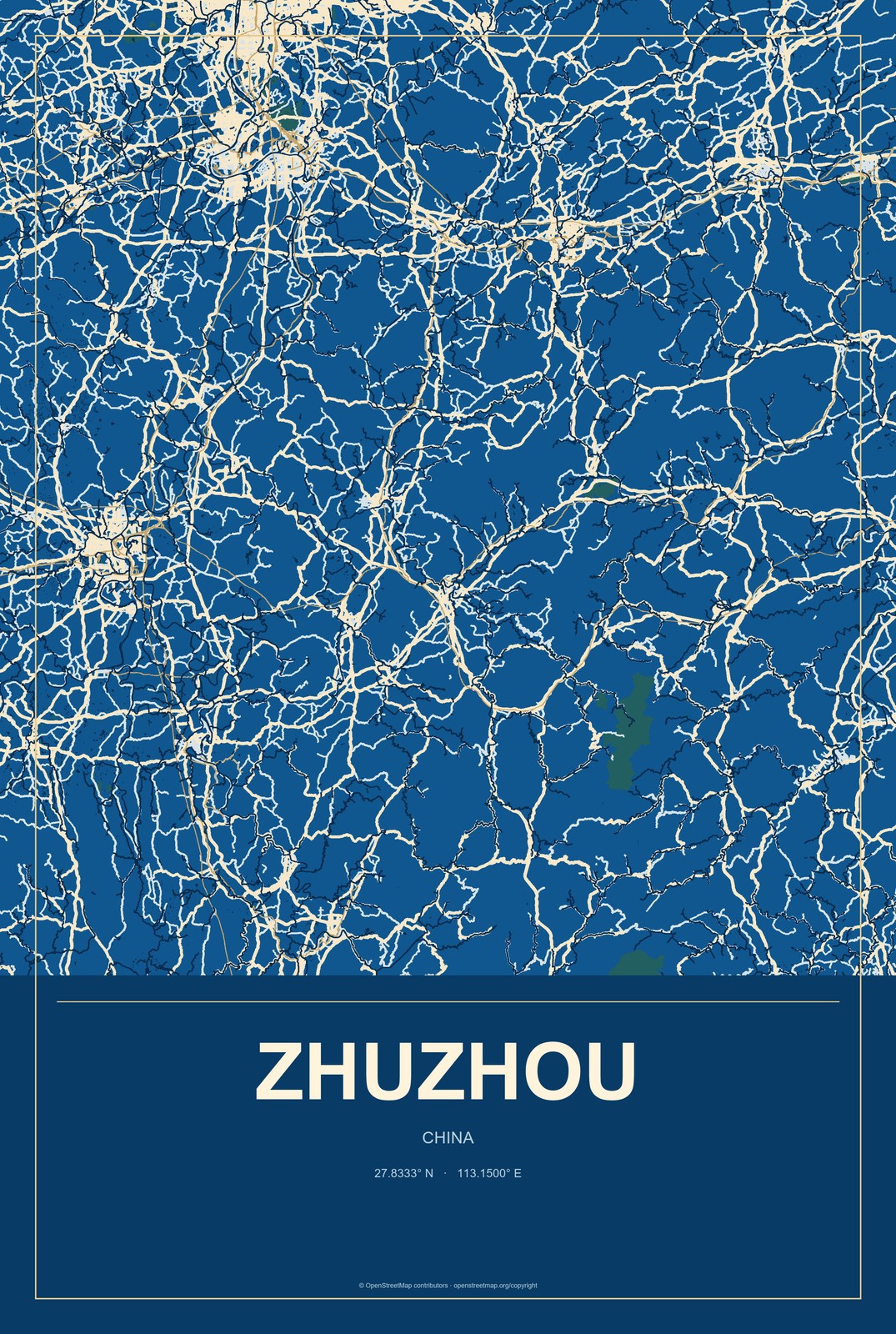Zhuzhou, China City Map Aluminum Sign in Harbor Cobalt style