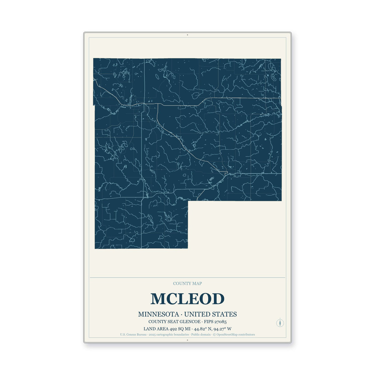 McLeod County, Minnesota Map Aluminum Sign in Coastal Cutout style