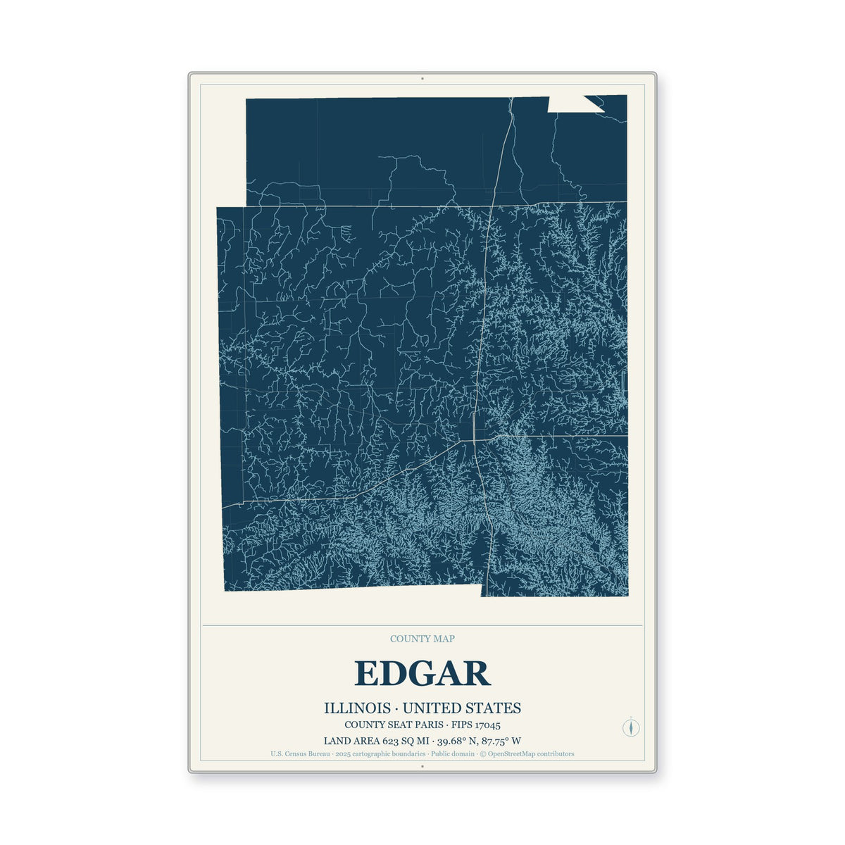 Edgar County, Illinois Map Aluminum Sign in Coastal Cutout style