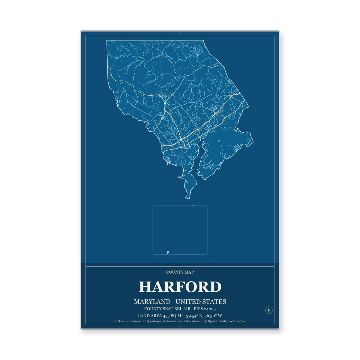 Harford County, Maryland Map Aluminum Sign in Harbor Cobalt style