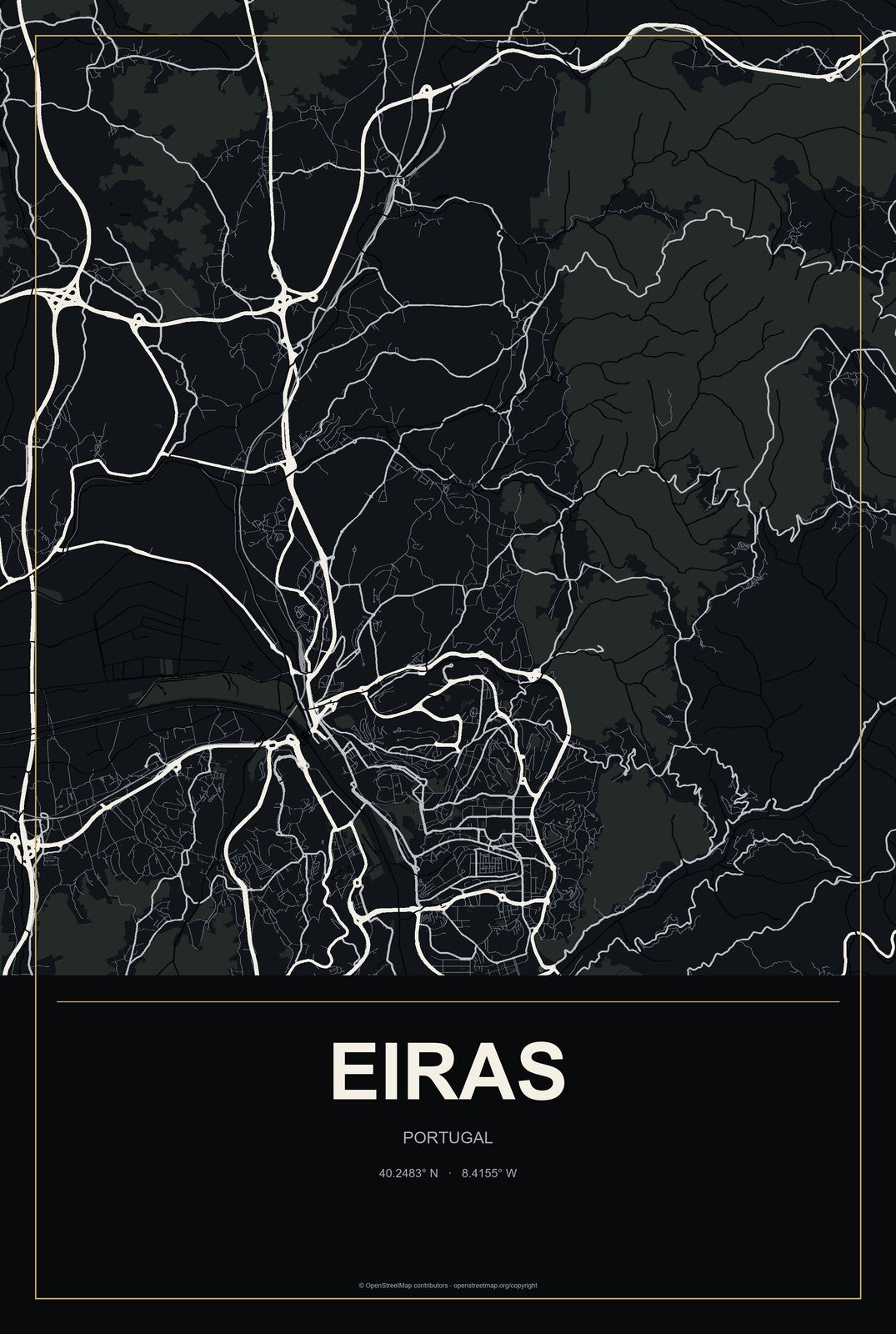 Eiras, Portugal City Map Aluminum Sign in Metropolitan Noir style
