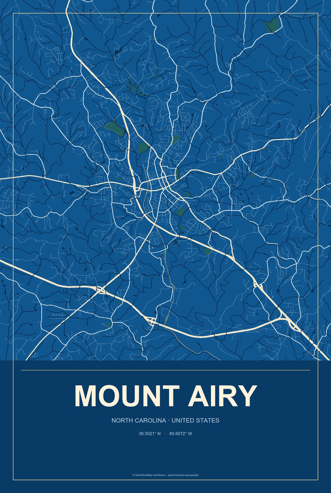 Mount Airy, North Carolina City Map Aluminum Sign in Harbor Cobalt style