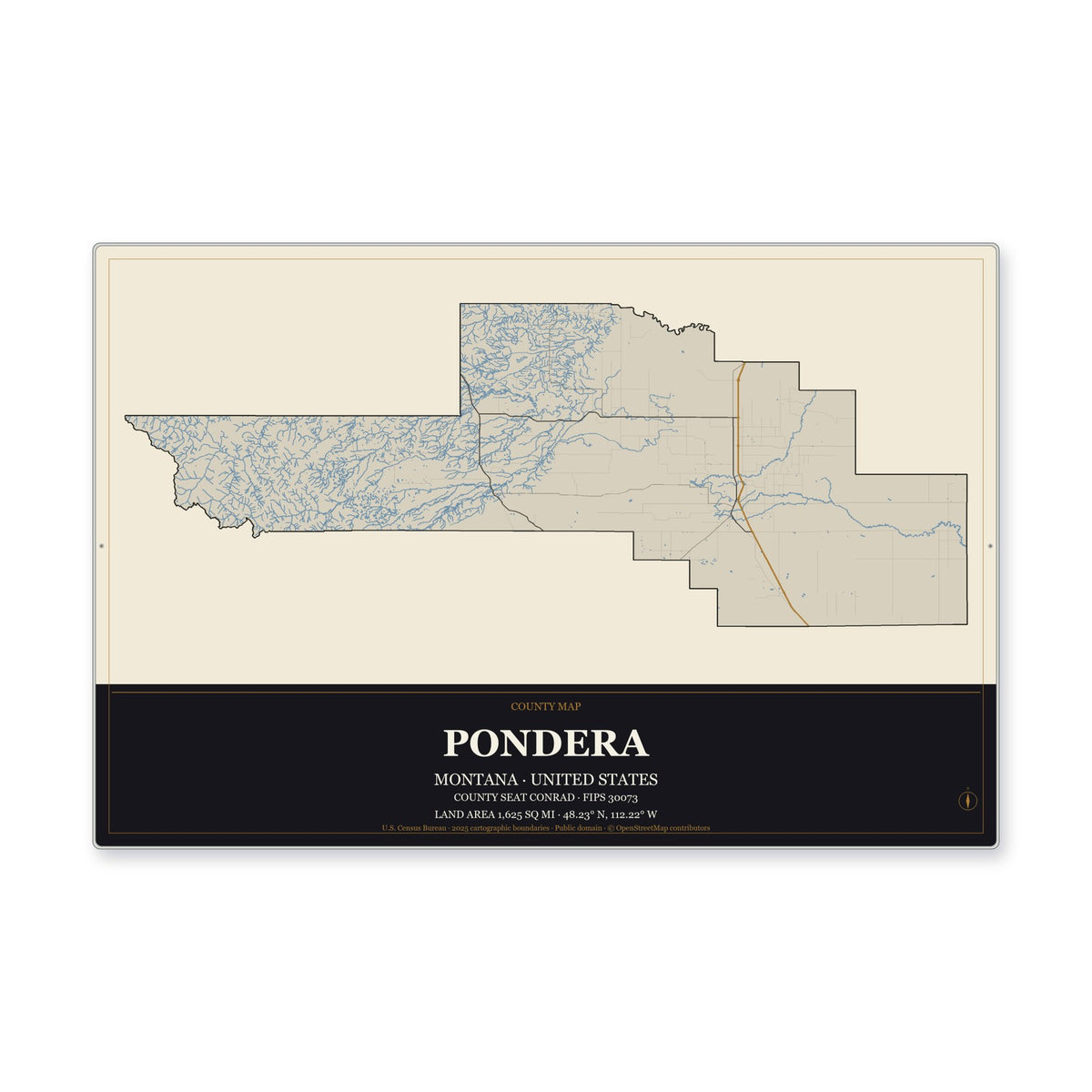 Pondera County, Montana Map Aluminum Sign in Museum Plaque style