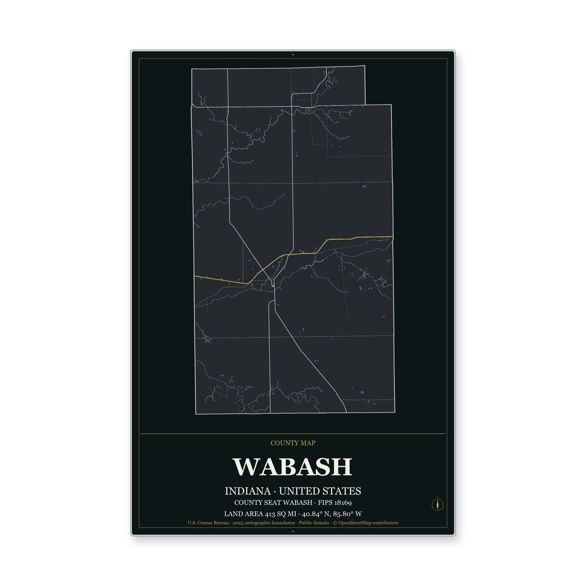 Wabash County, Indiana Map Aluminum Sign in Metropolitan Noir style