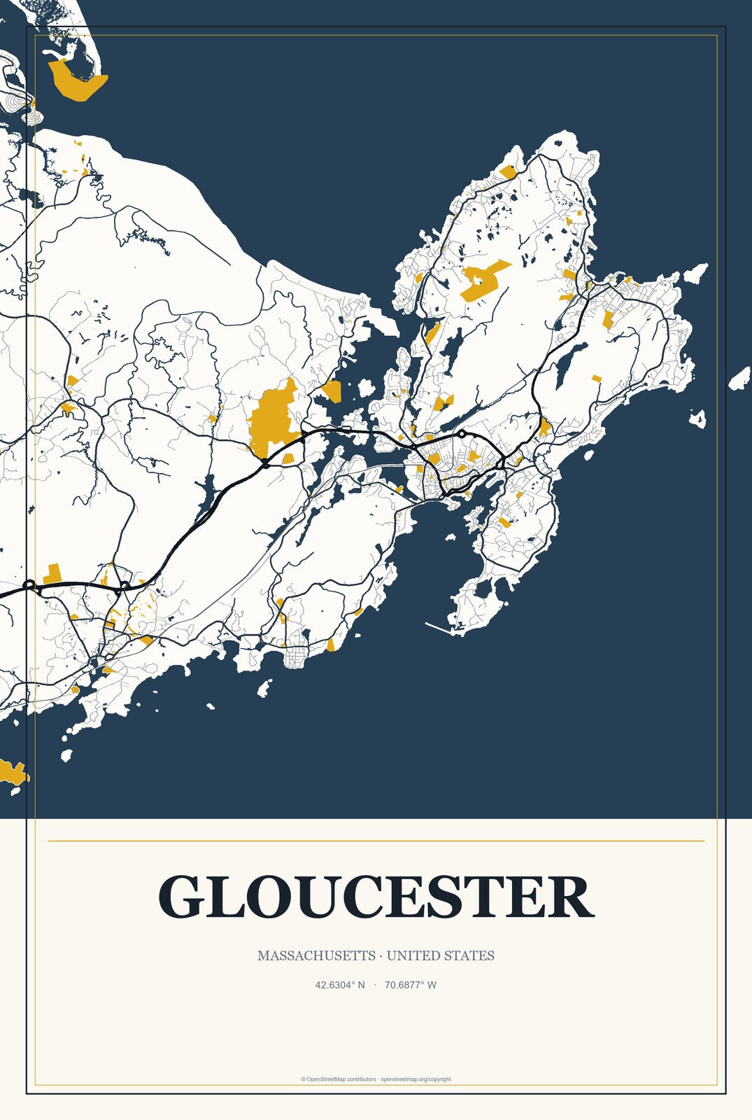 Gloucester, Massachusetts City Map Aluminum Sign in Citrine Modern style