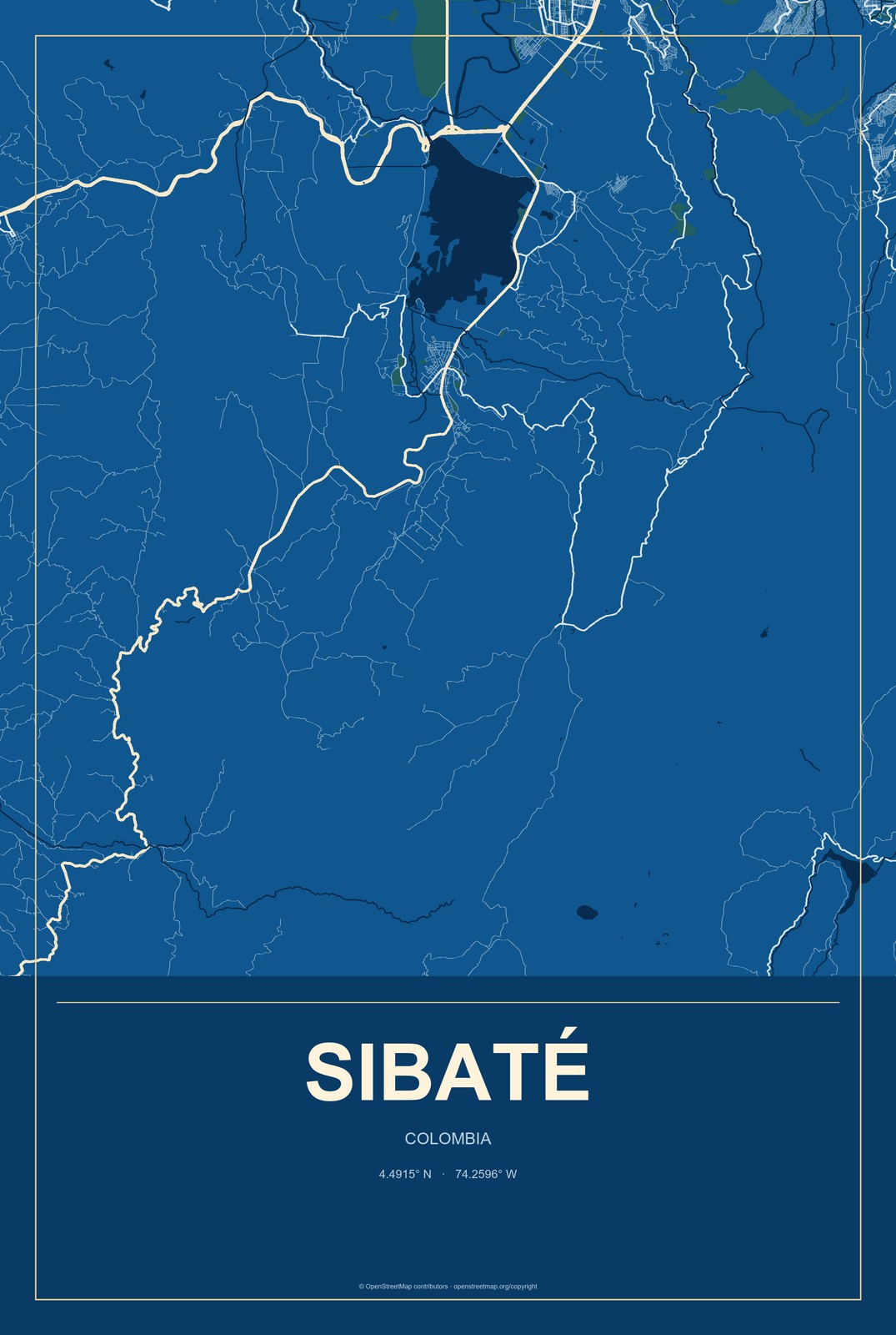 Sibaté, Colombia City Map Aluminum Sign in Harbor Cobalt style