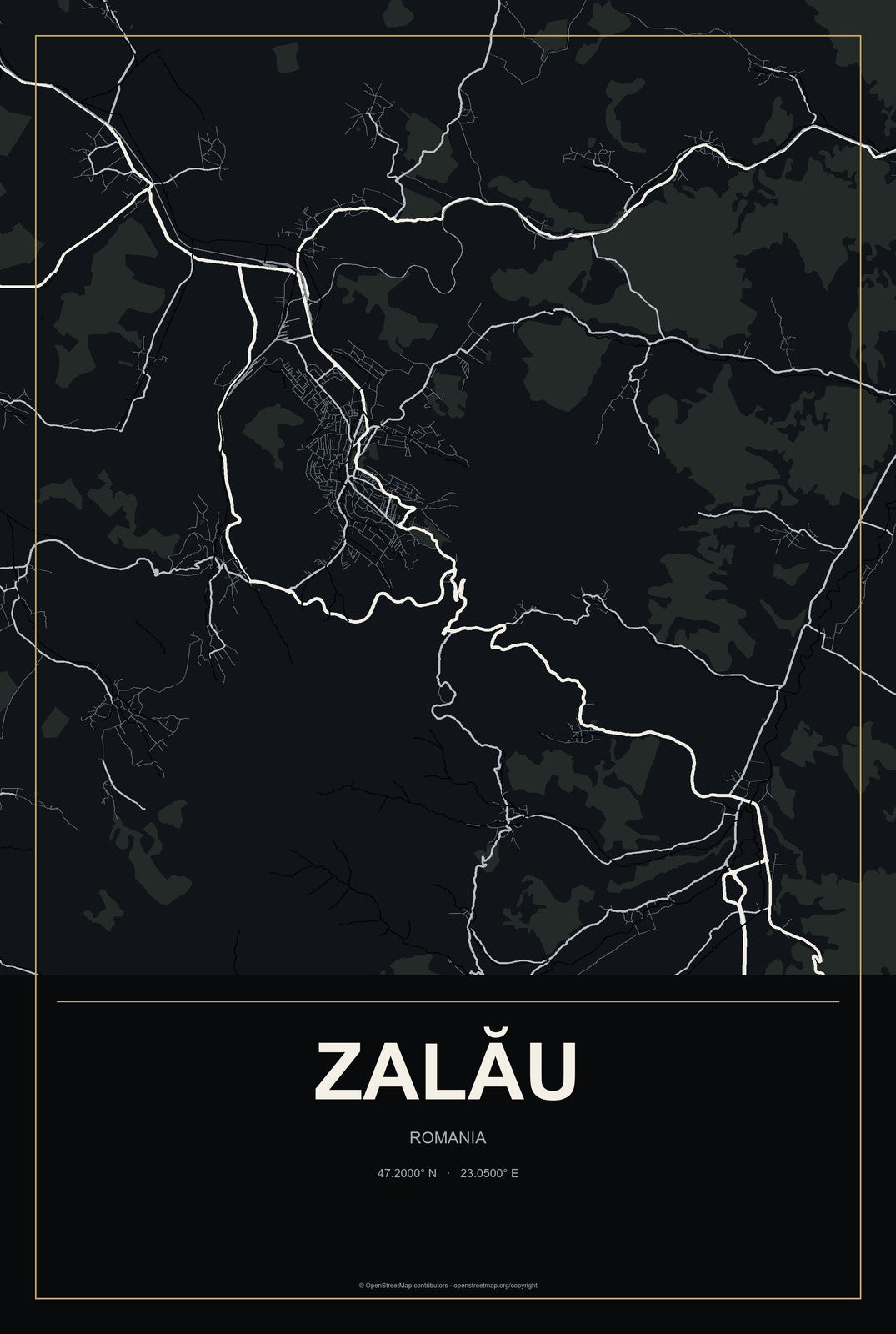 Zalău, Romania City Map Aluminum Sign in Metropolitan Noir style