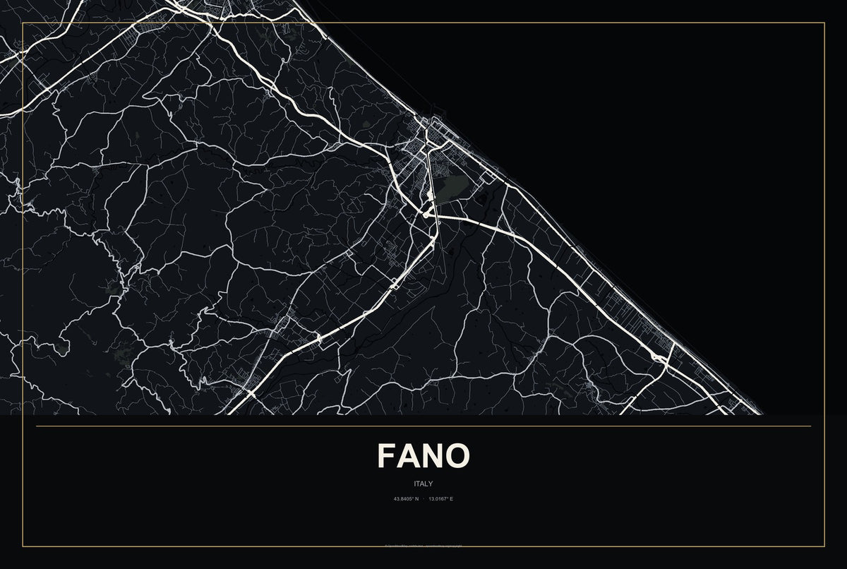 Fano, Italy City Map Aluminum Sign in Metropolitan Noir style