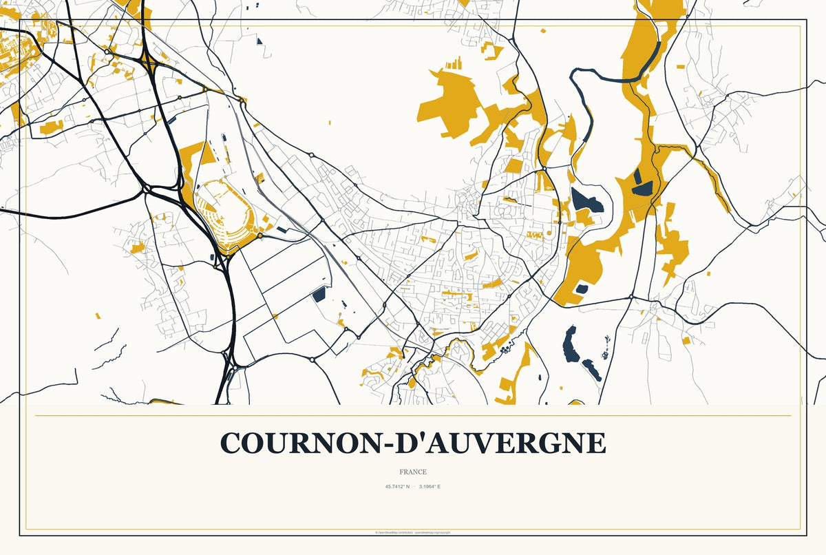 Cournon-d'Auvergne, France City Map Aluminum Sign in Citrine Modern style