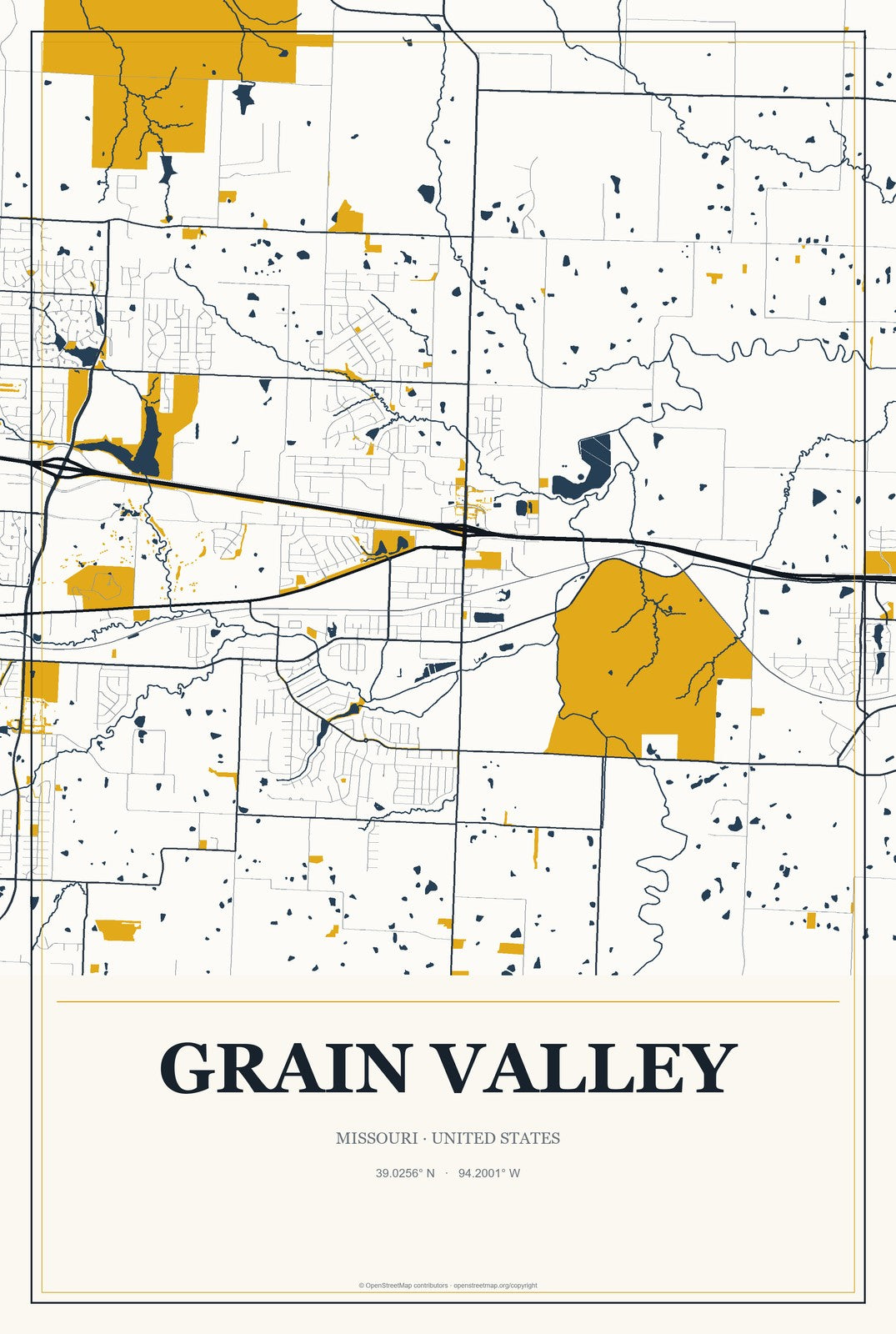 Grain Valley, Missouri City Map Aluminum Sign in Citrine Modern style