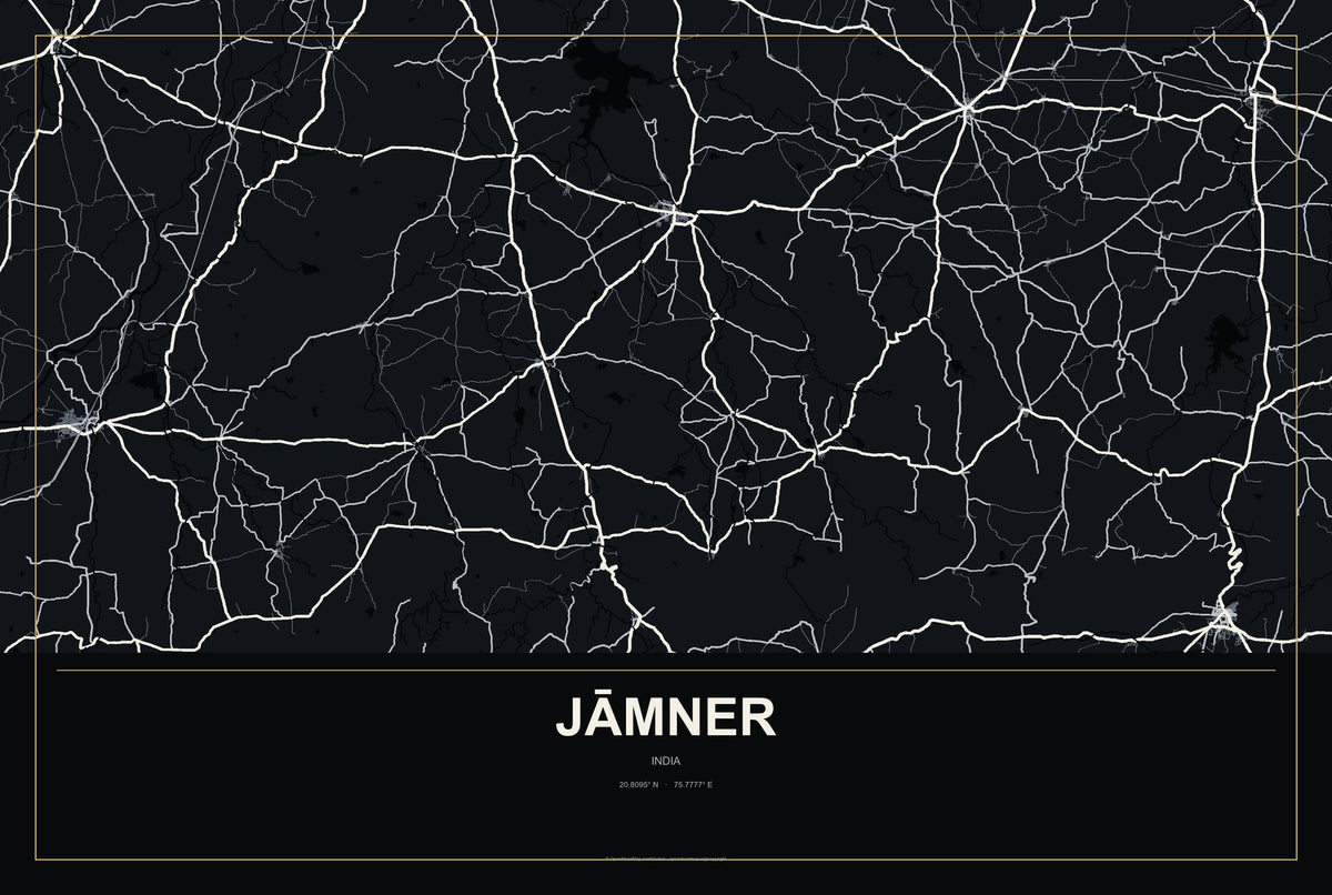 Jāmner, India City Map Aluminum Sign in Metropolitan Noir style