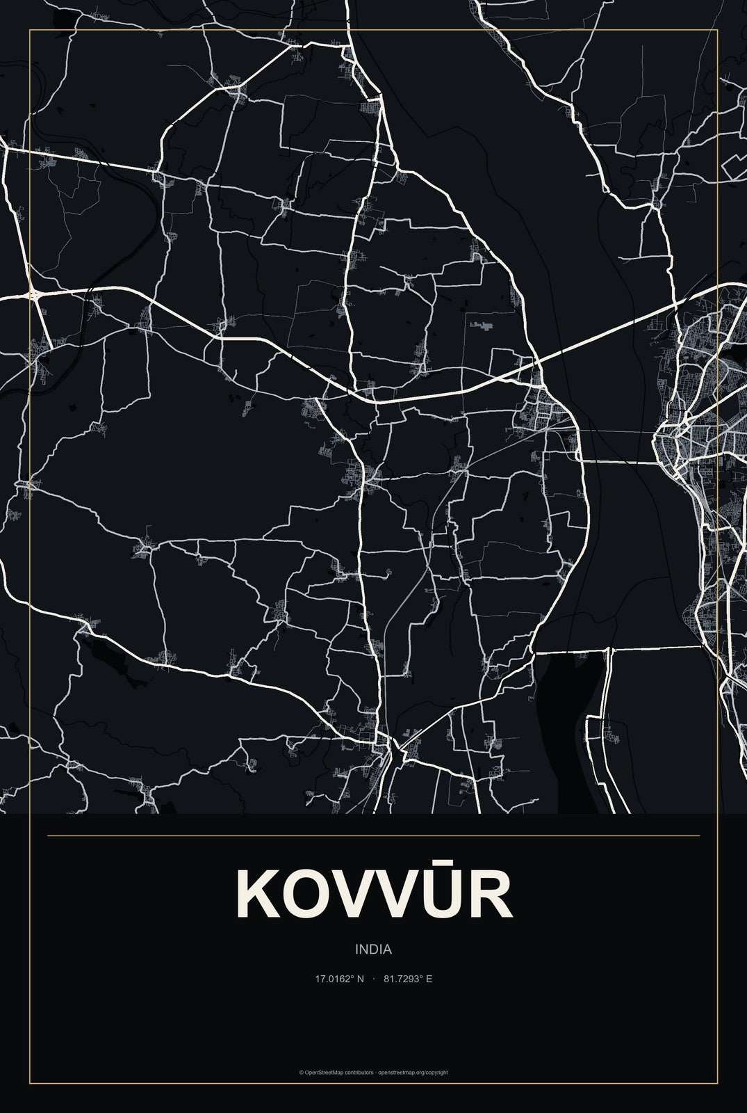 Kovvūr, India City Map Aluminum Sign in Metropolitan Noir style