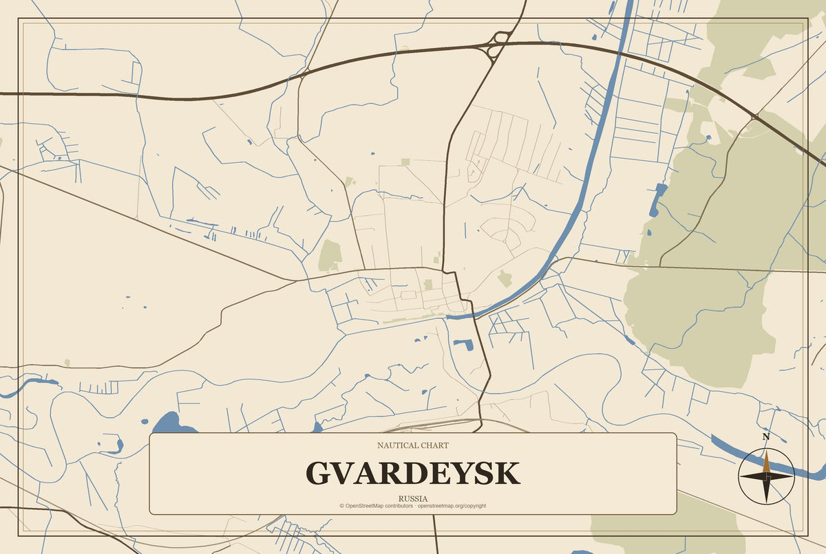Gvardeysk, Russia City Map Aluminum Sign in Heritage Nautical style