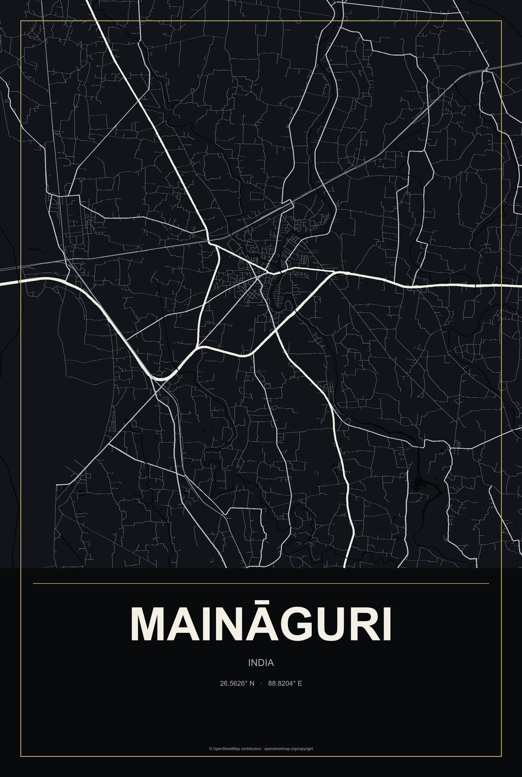 Maināguri, India City Map Aluminum Sign in Metropolitan Noir style