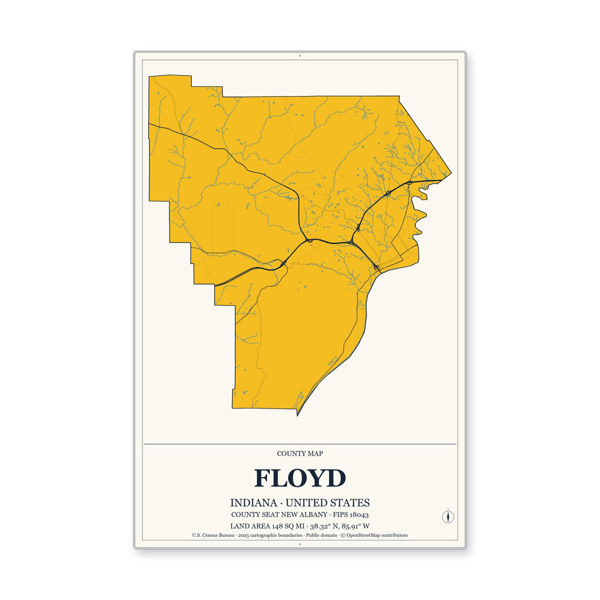 Floyd County, Indiana Map Aluminum Sign in Citrine Modern style